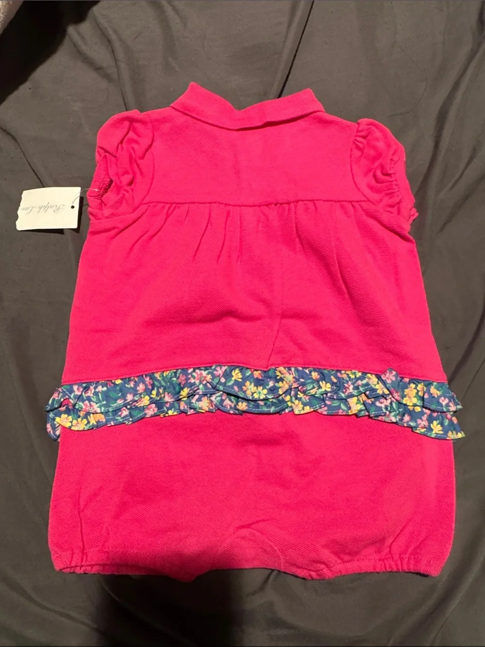 Ralph Lauren Hot Pink Polo Bubble Romper with Yellow logo with floral ruffle